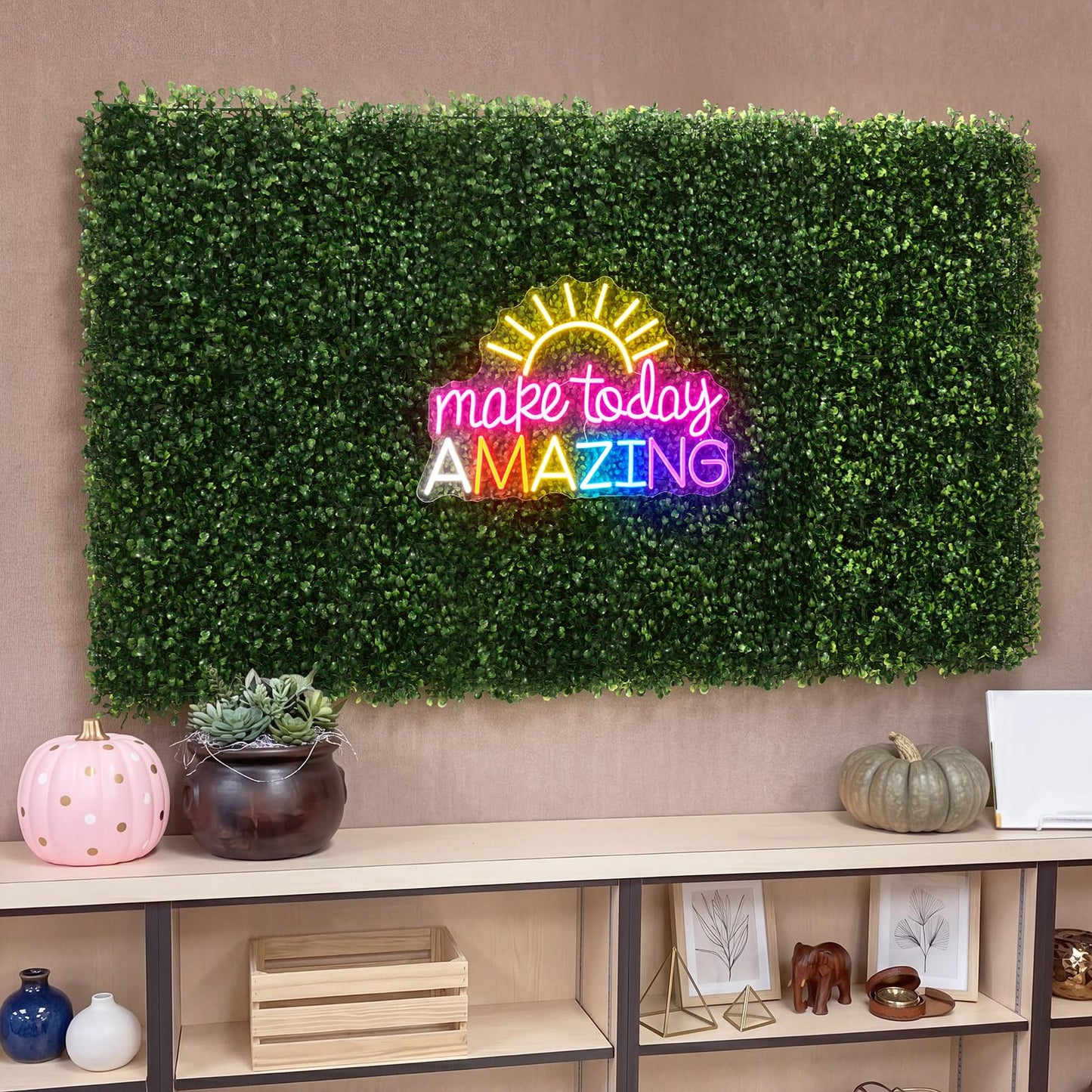 Fumete 13 Pcs Green Reading Corner Classroom Calming Corner Decor 10 x 10" Grass Wall Panels with Make Today Amazing Neon Sign Classroom Greenery Wall Decoration for Home School Party Supplies