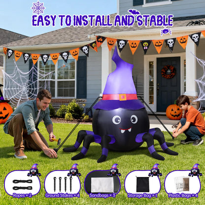 5FT Halloween Inflatable Spider with Witch Hat Outdoor Decoration, Blow Up Yard Inflatable Decorations with Built-in LED Lights for Garden/Lawn/Holiday/Home Party Decor