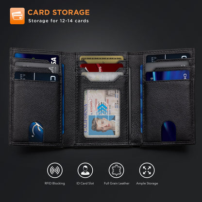 SERMAN BRANDS Trifold Wallet for Men - RFID Blocking Genuine Leather, 11 Card Slots & ID Window, Slim Everyday Carry, Durable Stitching, Gift for Him