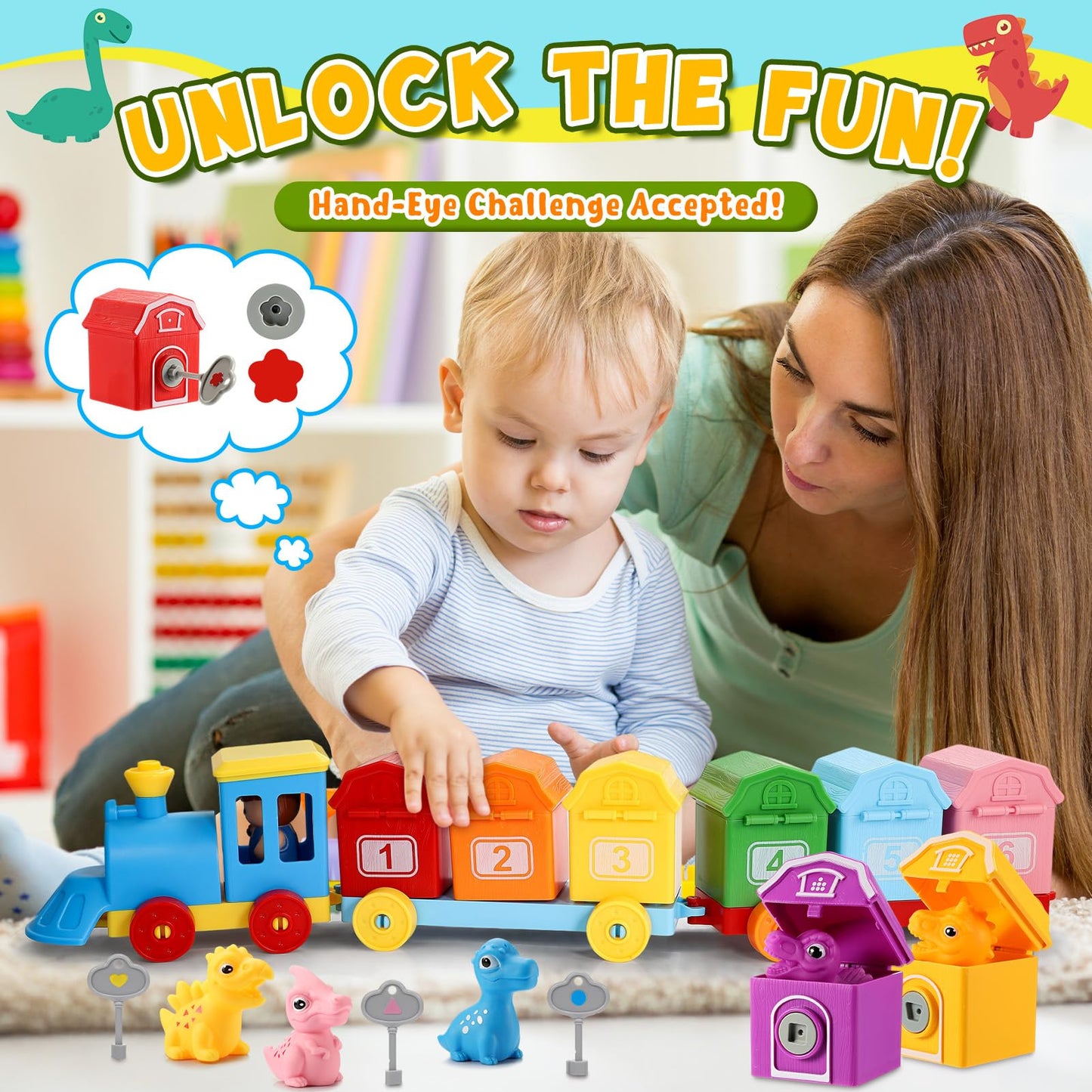 Toddler Montessori Learning Toys for 2 3 4 5 Year Old Boys, Kids Dinosaur Train Matching Toys with Locks & Keys | Counting & Sorting Trains Set, Preschool Toy Boy Girls Birthday Gifts Ages 2-4 3-5