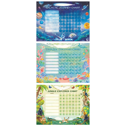 Kids Chore & Routine Reward Chart Set – 3 Themed 7-Day Charts with 147 Stickers (Space, Ocean, Jungle) – Gentle Behavior & Goal Tracker by Saisu – Ages 3+
