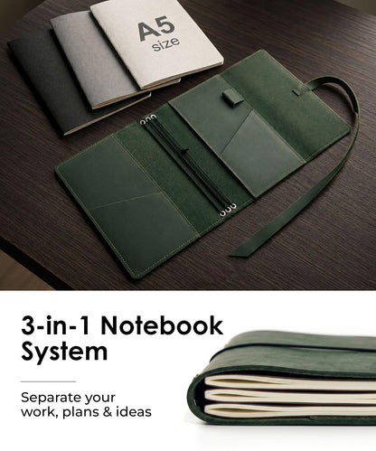 Leather Journal Cover – Refillable A5 Notebook Cover (5.8" x 8.3") with 3 Elastic Bands for Multiple Inserts, Genuine Leather Travel Diary Case with Pockets & Pen Holder Green (Inserts Not Included)