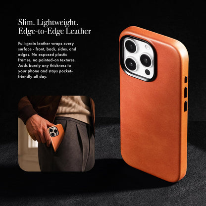Casebelle Handcrafted Vegetable-Tanned Slim Leather Case for iPhone 16 Pro - [Built-in Camera Control] - Compatible with MagSafe - Raised Bezels, Natural Patina Over Time - Amber Brown