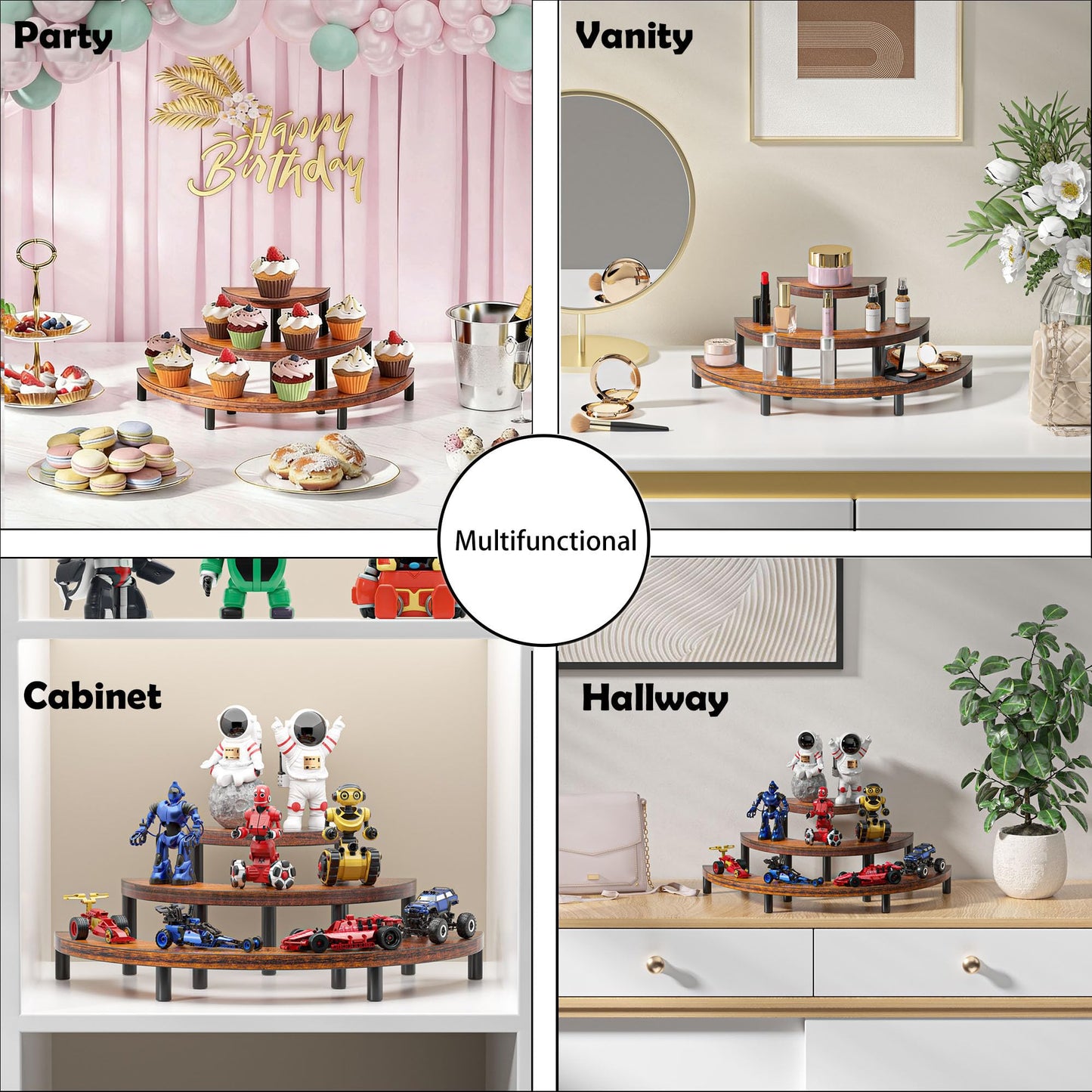 Yelinkws 3-Tier Wooden Display Risers, Rustic Cupcake Stand, Perfume Organizer, Dessert Table Display Set for Party & Home Decor (Brown)