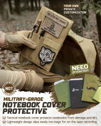 Tactical Book Cover for 5.5" x 8" Military Log Book, Green Book Protective Holder, Detachable Army Field Notebook Cover with Flag Patch, for Protecting (Tan, 5.7x8.7 in)