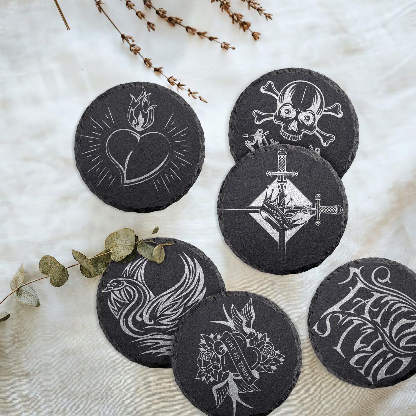 68 PCS Round Slate Drink Coasters Set, SIJDIEE 4 Inch Laser Engraving Black Slate Stone Coasters with Anti-Scratch Bottom and Coaster Holder for Office Bar Kitchen Home Dinner Table Decor Supplies