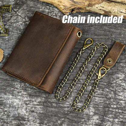 WBQMUNY Men's Tri-fold Vintage Biker Cowhide Top Grain Leather Steel Chain Wallet, Chain Wallets for Men Cow Leather Wallet, Snap Closure