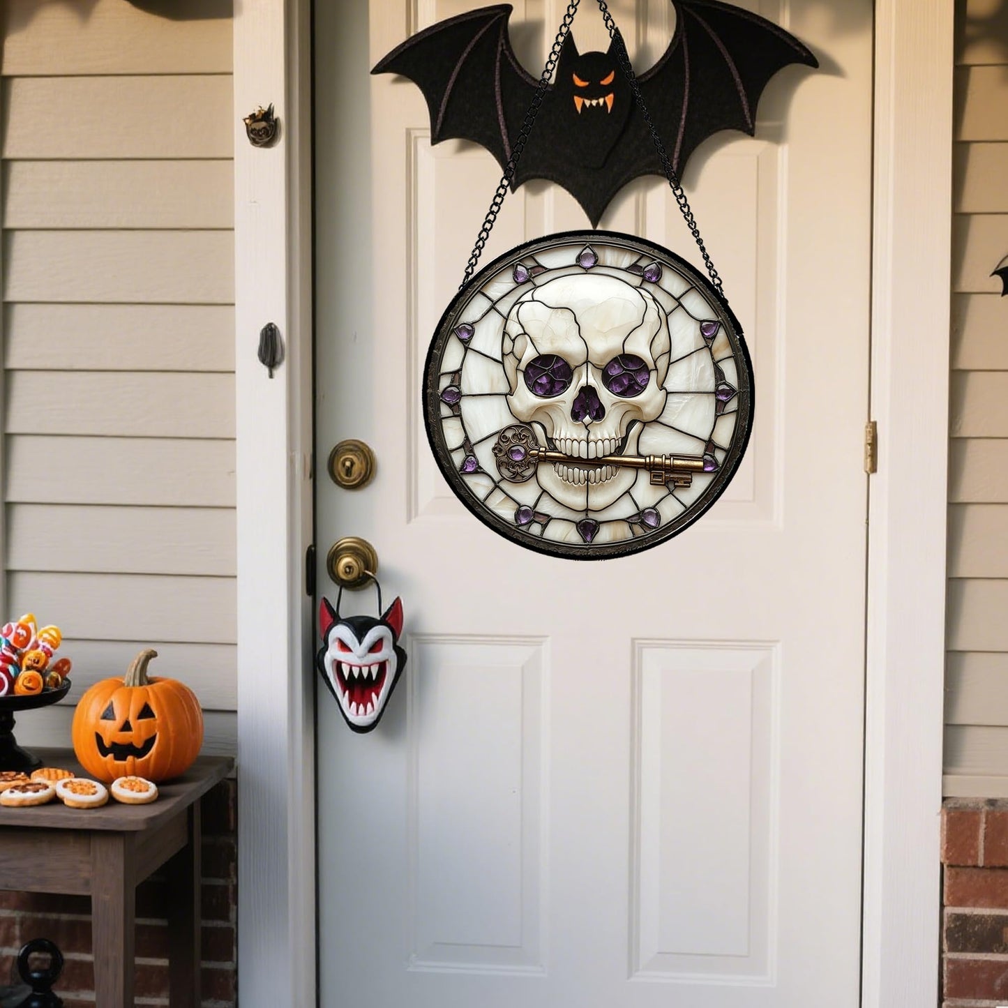 CRISGIF Stained Glass Window Hanging - Halloween Scary Skull Suncatcher for Doors Garden Home Spooky Purple Skeleton Key Sun Catchers Gothic Decor Horror Gifts for Women Men Friend Boy Girl 7.8 in