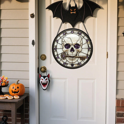 CRISGIF Stained Glass Window Hanging - Halloween Scary Skull Suncatcher for Doors Garden Home Spooky Purple Skeleton Key Sun Catchers Gothic Decor Horror Gifts for Women Men Friend Boy Girl 9.8 in