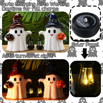 Suzile 2 Pack Halloween Outdoor Decoration 9.5 Inch Spooky Ghost Statues with Solar Lantern Light Pumpkin for Garden Halloween Figurine Cute Resin Ghost for Lawn Patio Party Indoor Home Decor Gift