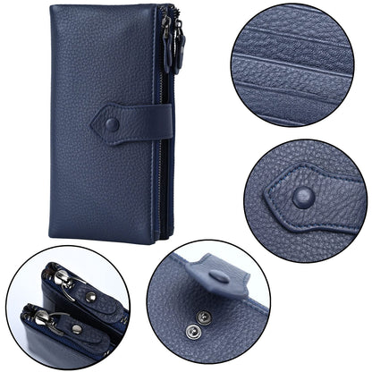Bveyzi Women Soft Leather RFID Blocking Bifold Slim Wallets Ladies Credit Card Holder Double Zipper Pocket(Deep Blue)