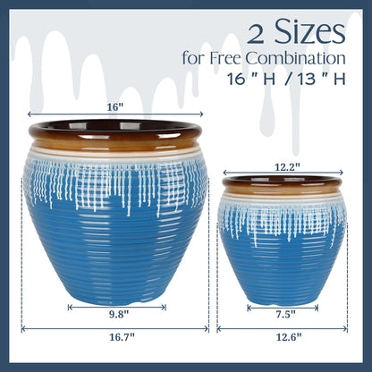 WORTH Clay-Pot-Style Plastic Planters Set of 2 (Large: 17"Dia x 16"H & Small: 13"Dia x 13"H), Blue-Glazed Plant Pot, Round Lightweight Flower Pots with Drainage Hole & Plug for Indoor & Outdoor Use