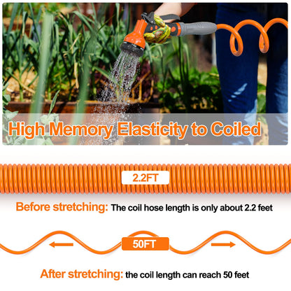 SPECILITE 3/8” Lightweight Coil Garden Hose 50 FT, EVA Retractable Curly Water Pipe with 6-Pattern Spray Nozzle for Boat, Greenhouse, Yard, Patio (Orange)