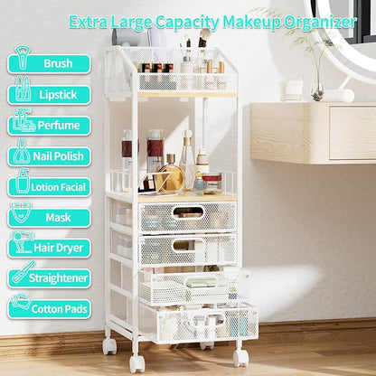 HapiRm Rolling Cart Makeup Organizer - Metal Makeup Cart with Wheels and Drawers for Small Spaces & Messy Vanities, Space-Saving Beauty Cosmetics Cart Storage Cabinet Stand for Perfume Hair Tools