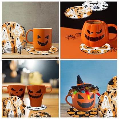 8 Pieces Halloween Diamond Art Coasters with Holder DIY Halloween Diamond Dot Coasters 5d Full Drill Diamond Coasters for Adults Halloween Diamond Painting Kits Supplies for Gift