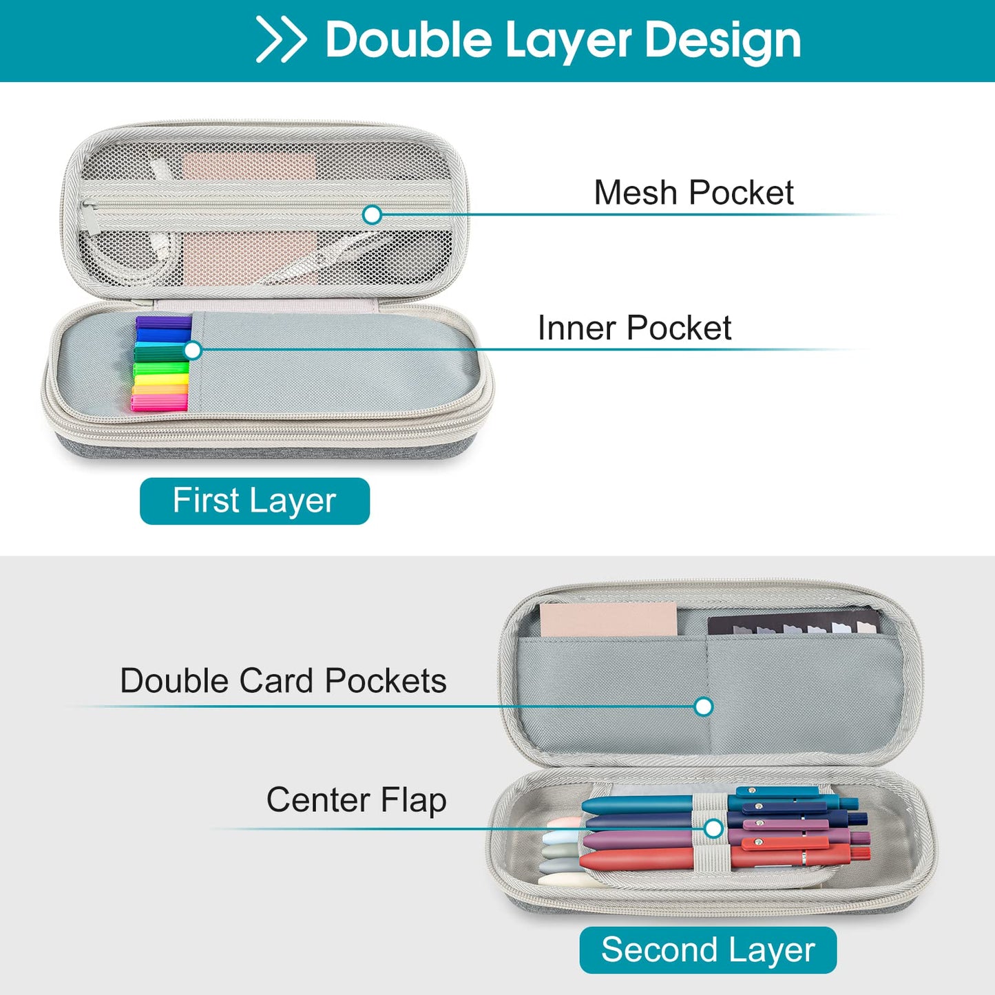 ProCase Pen Pencil Case, 2-Layer EVA Zipper Pencil Box Pouch Large Capacity Stationery Storage Organizer for School Office Supplies -Grey