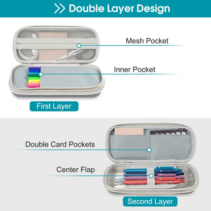 ProCase Pen Pencil Case, 2-Layer EVA Zipper Pencil Box Pouch Large Capacity Stationery Storage Organizer for School Office Supplies -Grey