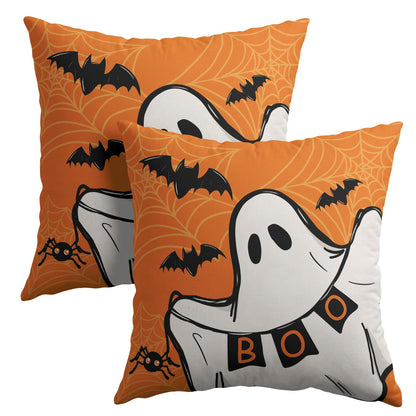 Halloween Ghost Boo Orange Throw Pillow Covers 18X18 Inches Set of 2 Spooky Bat Spider Web Pillowcase Soft Cotton Linen Square Cushion Covers for Home Sofa Bedroom