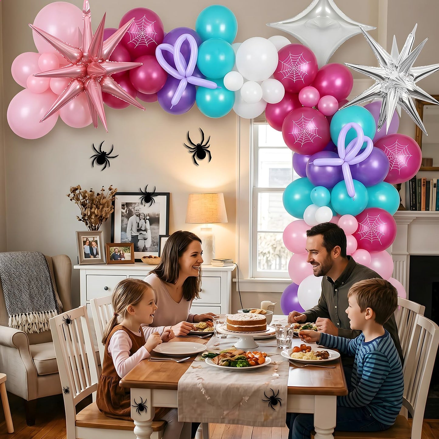 162PCS Spider Theme Balloon Arch Kit Pink Purple Teal Spider Web Balloons with Star Foil Balloons for Web Hero Girl Birthday Decorations