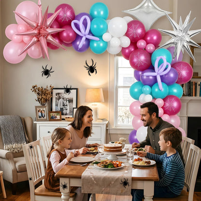 162PCS Spider Theme Balloon Arch Kit Pink Purple Teal Spider Web Balloons with Star Foil Balloons for Web Hero Girl Birthday Decorations
