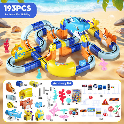 SnapGlowz 193PCS Magnetic Train Set: Shark Toys 3D Infinity Racer Electric Train Set for Kids Flexible Cube Rail Train Track with Anti-Gravity Train STEM Toys Gifts for 3 4 5 6 7 8 Year Old Boys Girls