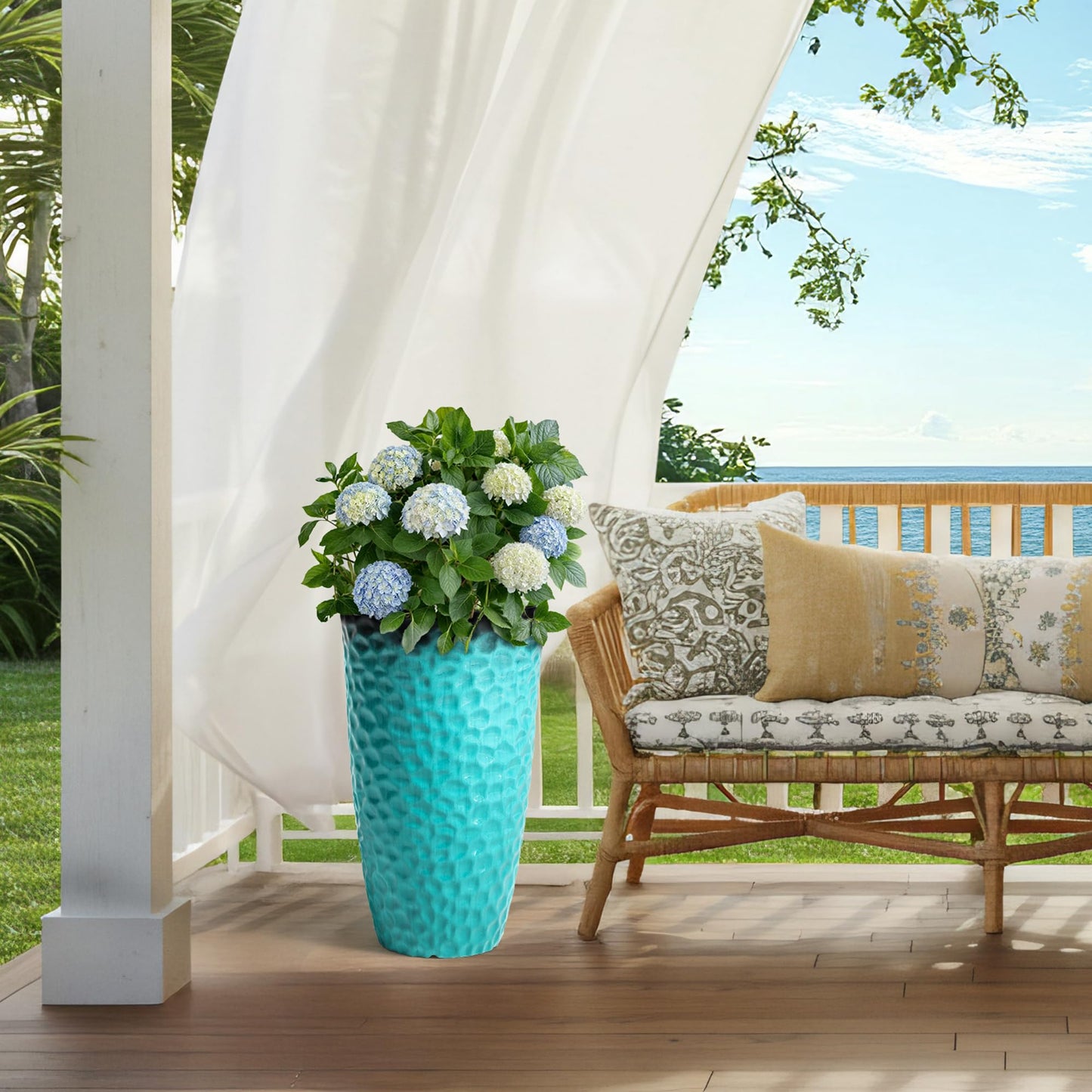 Ultym 23.75" H Large Tall Outdoor Planters, Set of 2 Plastic Large Flower Pots for Outdoor Plants, with Turquoise Teal Honeycomb Texture, Weather-Resistant for Porch, Garden, Patio or Indoor Use
