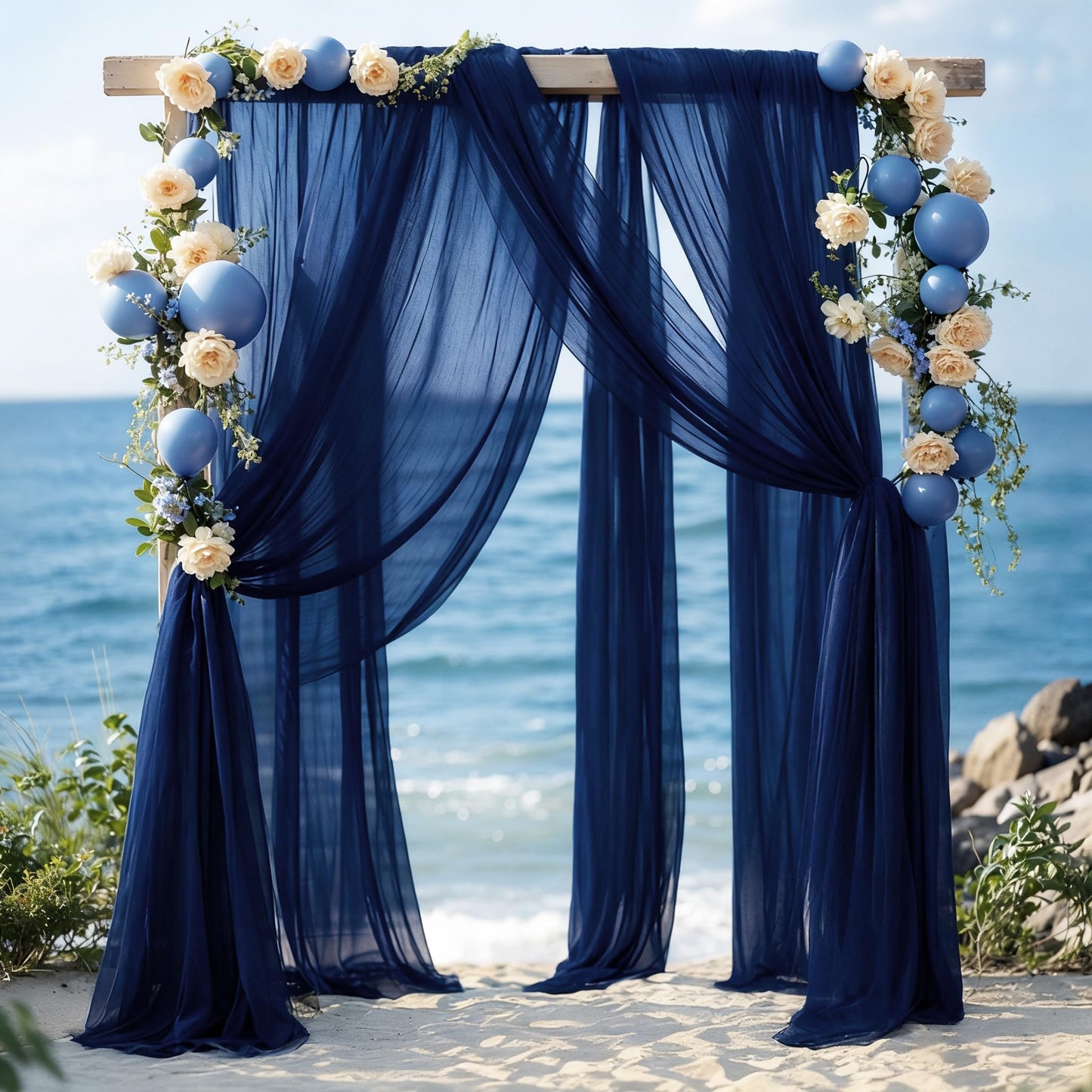 Wedding Arch Draping Fabric, 2 Panels 6 Yards Navy Blue Sheer Backdrop Curtain Window Scarf Valance for Table Event Party Home Decorations（2 Panels）, Navy Blue