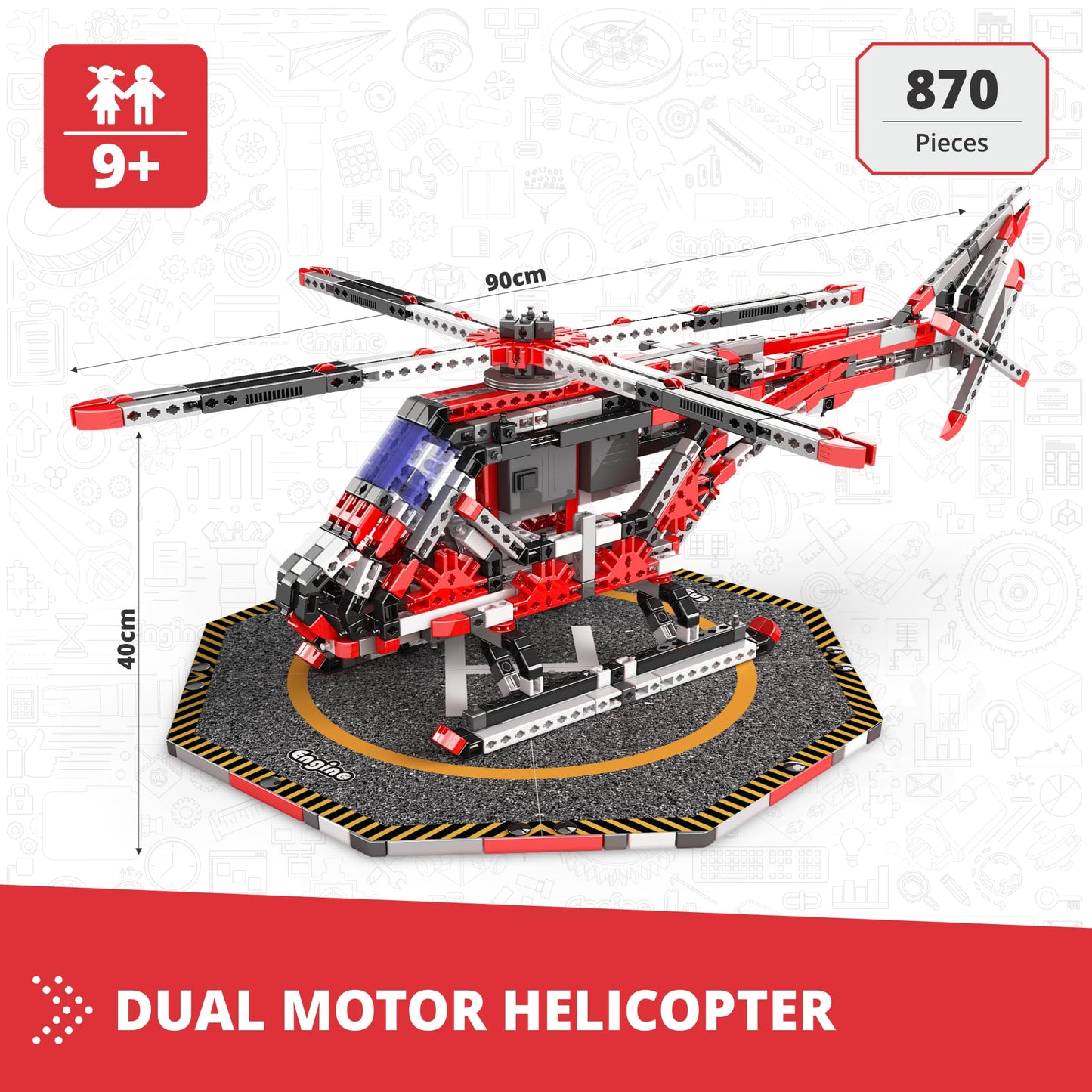 ENGINO: Mega Builds - Dual Motor Helicopter - 870pc Model Toy Building Set, Snap-Fit Assembly Construction, Motorized Rotors, STEM Mechanics, Kids 9+