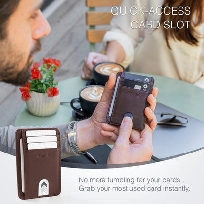 Travaci Full Grain Leather Slim Wallet for Men and Women - Small Minimalist Wallet and Leather Card Holder - Thin Front Pocket Credit Card Holder - Dark Brown