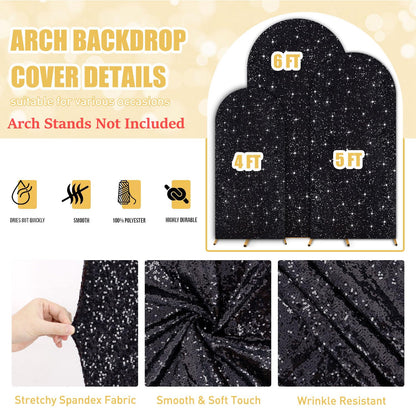 FUHSY Sequin Arch Cover Black Arch Backdrop Cover Set of 3 Arch Covers Stretchy Backdrop 6ft 5ft 4ft Spandex Backdrop Arch Stand Cover Glitter Arch Frame Cover Fabric for Halloween Party Decoration