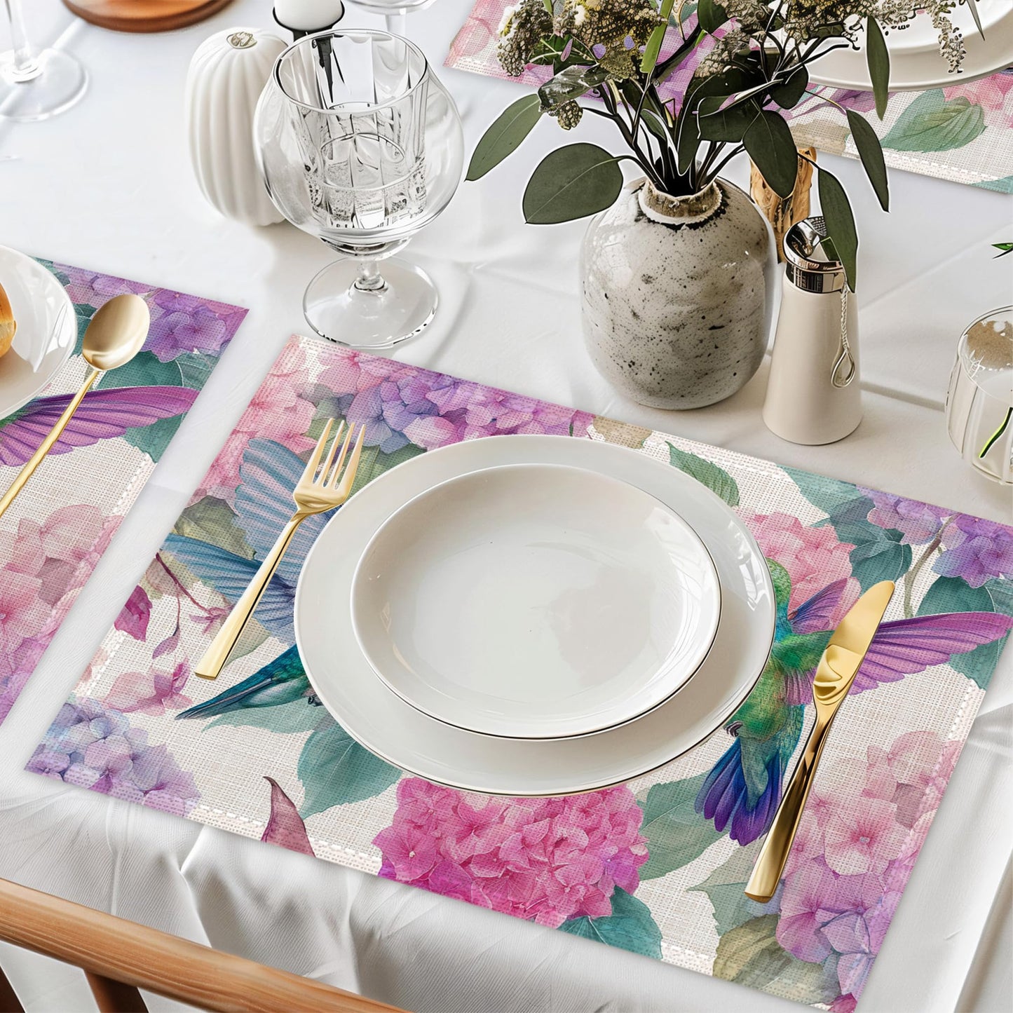 Hummingbird Placemat Set of 6,Flower Floral Heat Resistant Linen Table Mats for Indoor Outdoor Home Kitchen Dining Room Table 12x18Inch