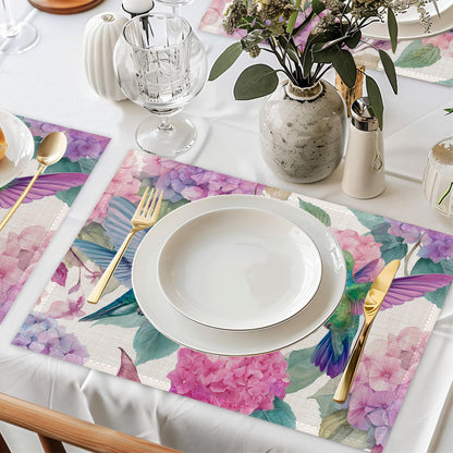 Hummingbird Placemat Set of 6,Flower Floral Heat Resistant Linen Table Mats for Indoor Outdoor Home Kitchen Dining Room Table 12x18Inch