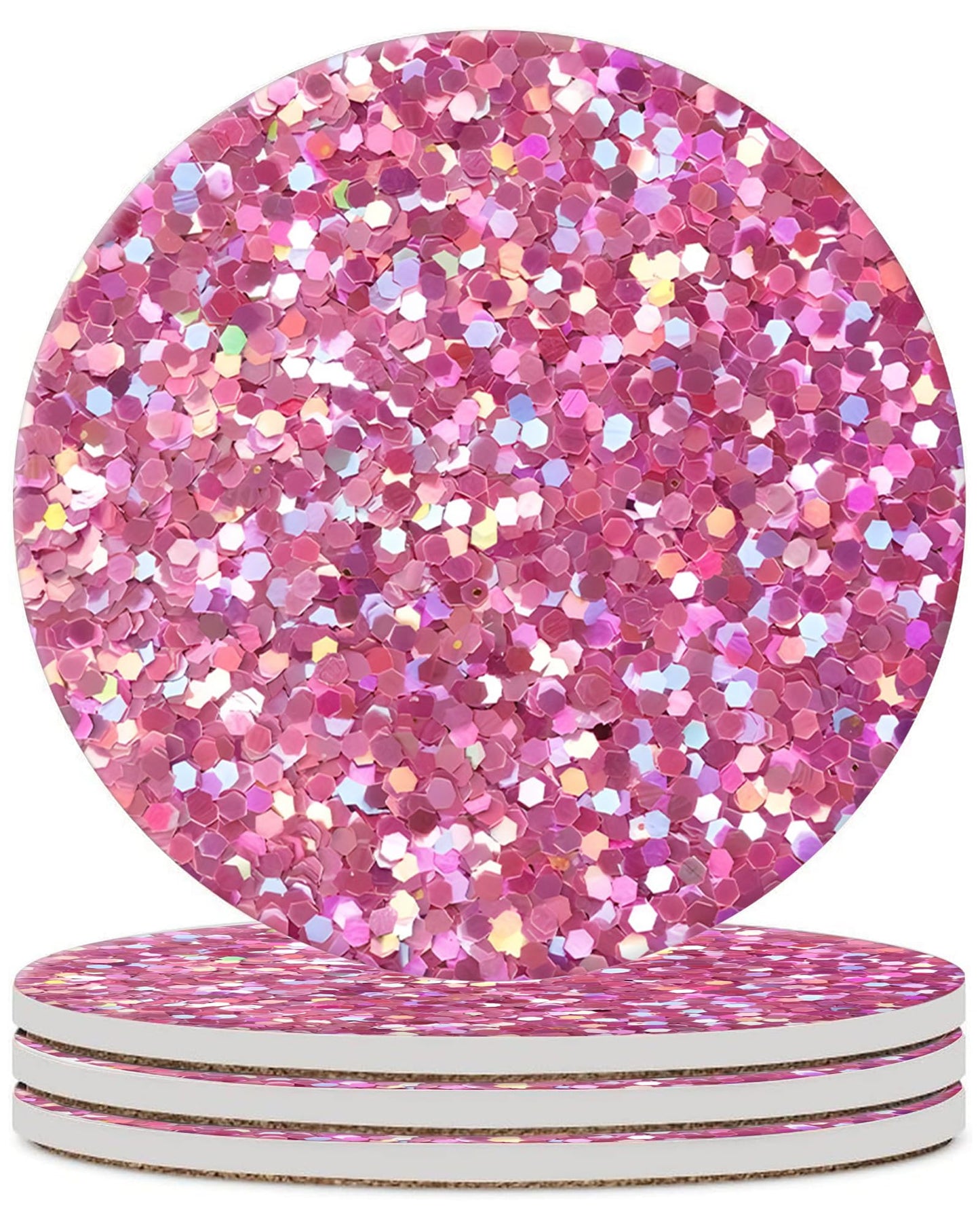 Pink Glitter Drink Absorbent Coaster,Cool Deisgn Ceramic Drink Coaster with Cork Base,Housewarming Gifts,Tabletop Protection Suitable for Kinds of Cups(Pack of 4)
