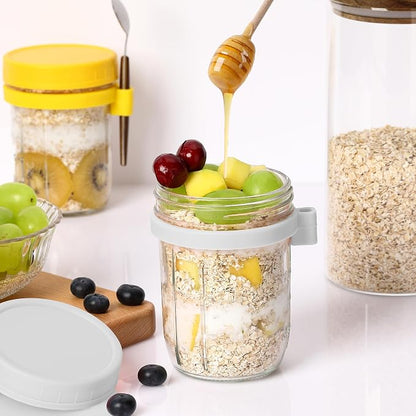 16oz Glass Mason Overnight Oats Jars, Cereal, Yogurt, Salad Lunch,Glass Overnight Oats Containers with Lids and Spoon, Container with Measurement Marks - (Grey-2Pcs)