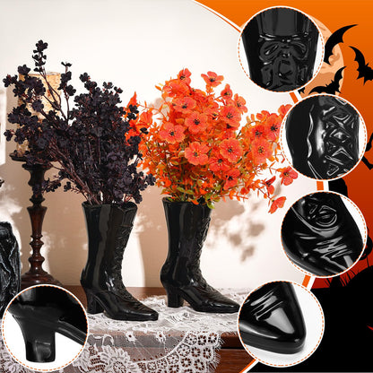 Ninehaoou 1 Pairs Halloween Flower Vase 7.1 Inch Witch Boot Vase Black Ceramic Gothic Planter Halloween Table Centerpieces for Indoor Outdoor Home Office Decor