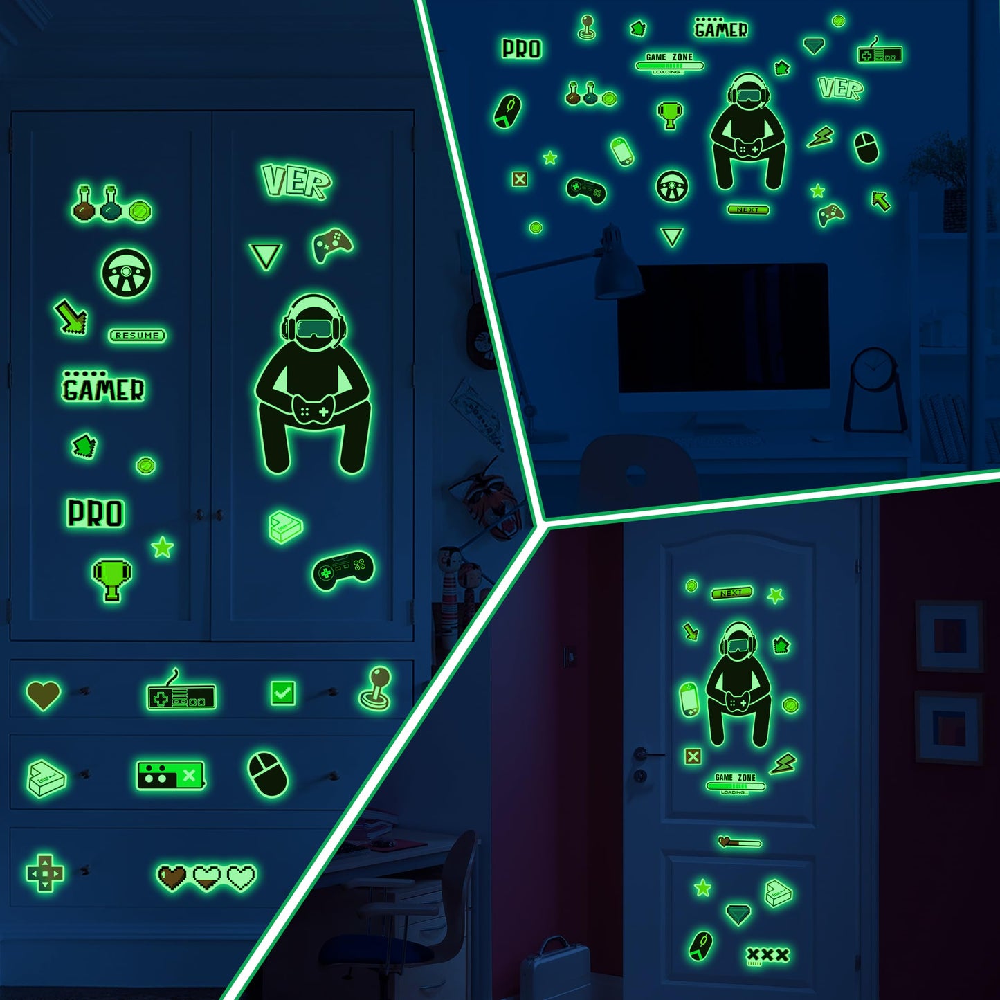 Glow in The Dark Gamer Wall Stickers, Game Controller Joystick Video Gaming Wall Decals, Boys Baby Kids Bedroom Playroom Room Decor Nursery