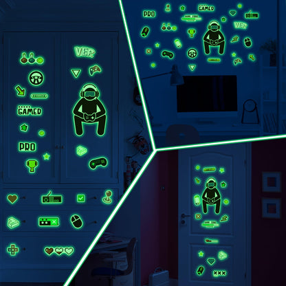 Glow in The Dark Gamer Wall Stickers, Game Controller Joystick Video Gaming Wall Decals, Boys Baby Kids Bedroom Playroom Room Decor Nursery