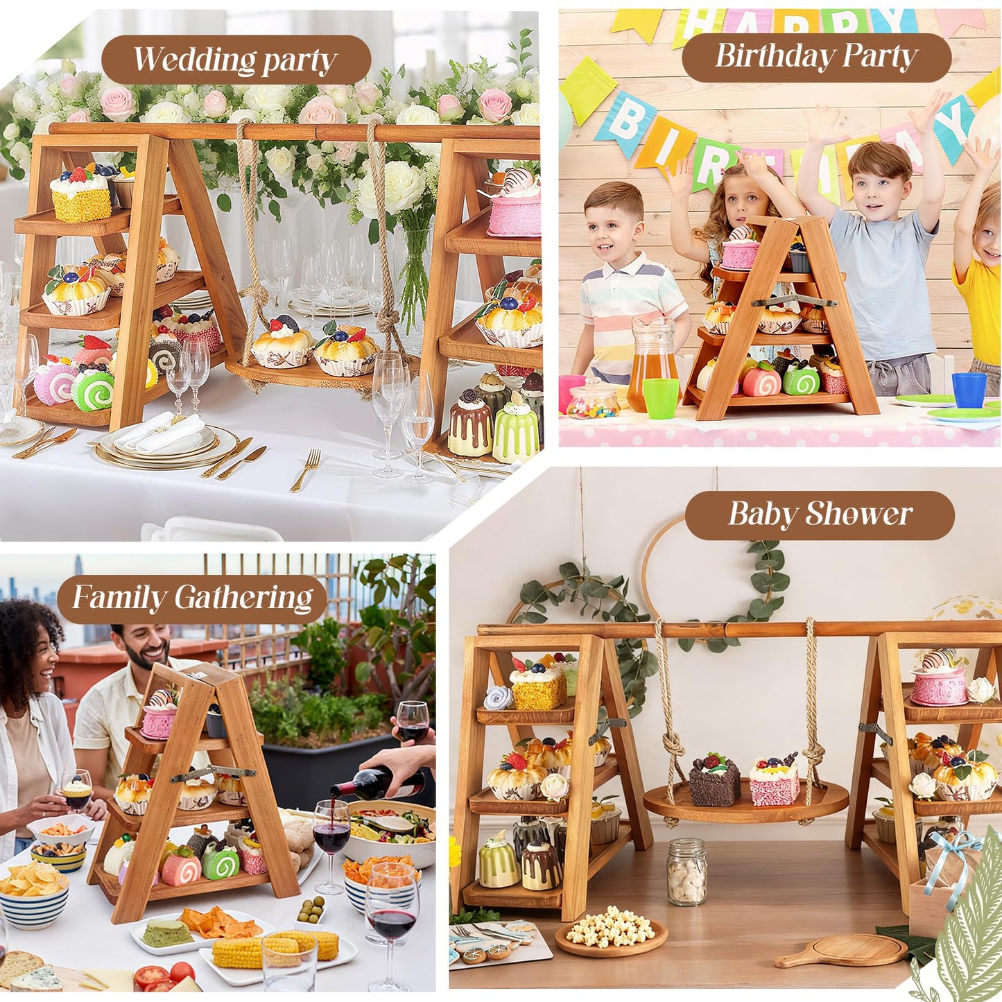 Wisreach Wooden 3 Tier Cupcake Stand, Rustic Cupcake Display Stand for Dessert Table, Foldable Serving Tray Tower for Party, Wedding, Birthday, Baby Shower, Holiday Events