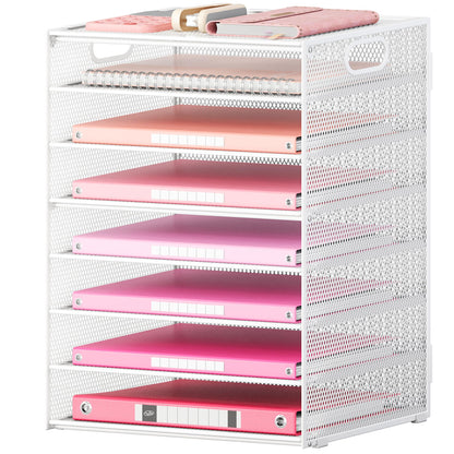 Lavatino 8-Tier Letter Tray Desk Paper Organizer, Mesh File Tray Organizer for Desk, Office Supplies & Home Organization, Fits A4 Paper, Mail, Magazines and Office Accessories (White with Handle)