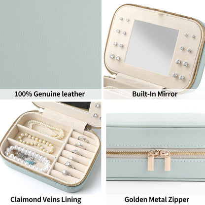 NGVRC Genuine Leather Travel Jewelry Organizer Case with Mirror for Women, Small Mini Portable Jewelry Box for Ring Earrings Necklace Bracelet Luxury Gift for Women（Cyan）
