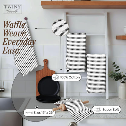 TWINY threads Waffle Kitchen Towels Set of 4, Large 16x26 Inches, 100% Cotton Absorbent Dish Cloths, Fast Dry & Machine Washable Waffle Weave Towel for Cooking, Baking & Cleaning, Black and White