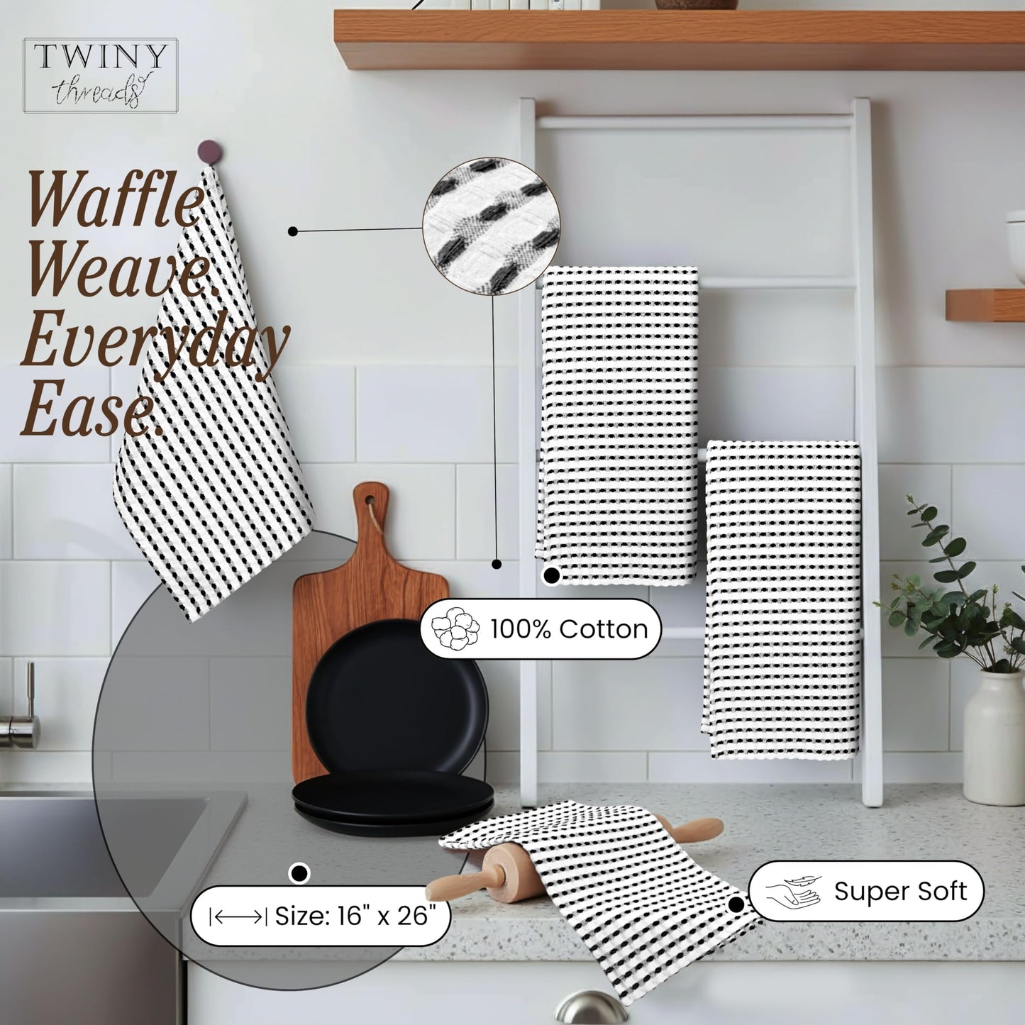 TWINY threads Waffle Kitchen Towels Set of 4, Large 16x26 Inches, 100% Cotton Absorbent Dish Cloths, Fast Dry & Machine Washable Waffle Weave Towel for Cooking, Baking & Cleaning, Black and White