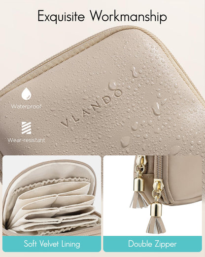 VLANDO Travel Jewelry Case,2-Layer Jewelry Organizer,Gifts for Women Bride,Travel Essentials,Multi-Compartment Jewelry Storage for Rings Earrings Necklaces Bracelets - Toffee