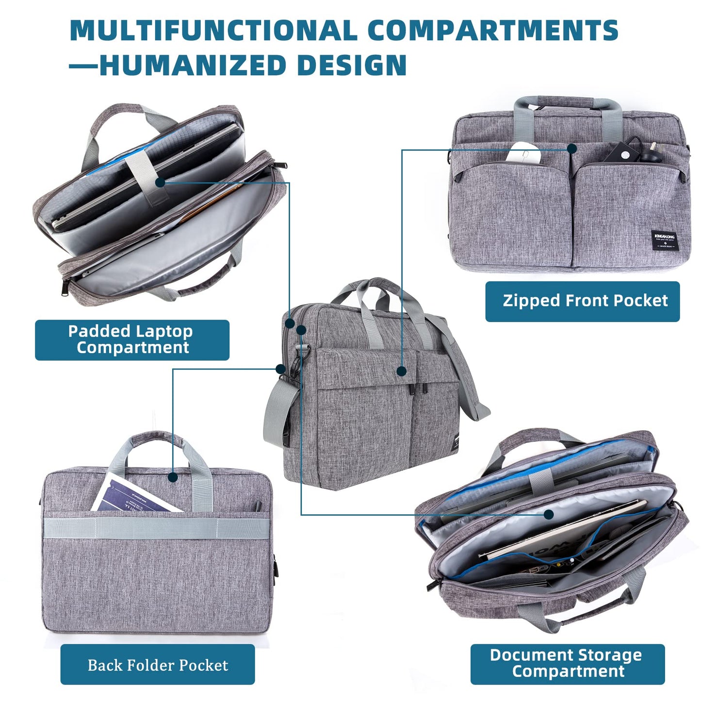 KINGSLONG 17.3 inch Laptop Briefcase Bag, Laptop Shoulder Bag for Men Women, Water Resistant Business Crossbody Bag with Shoulder Strap, Computer Bag for Asus Acer Dell Thinkpad, Grey
