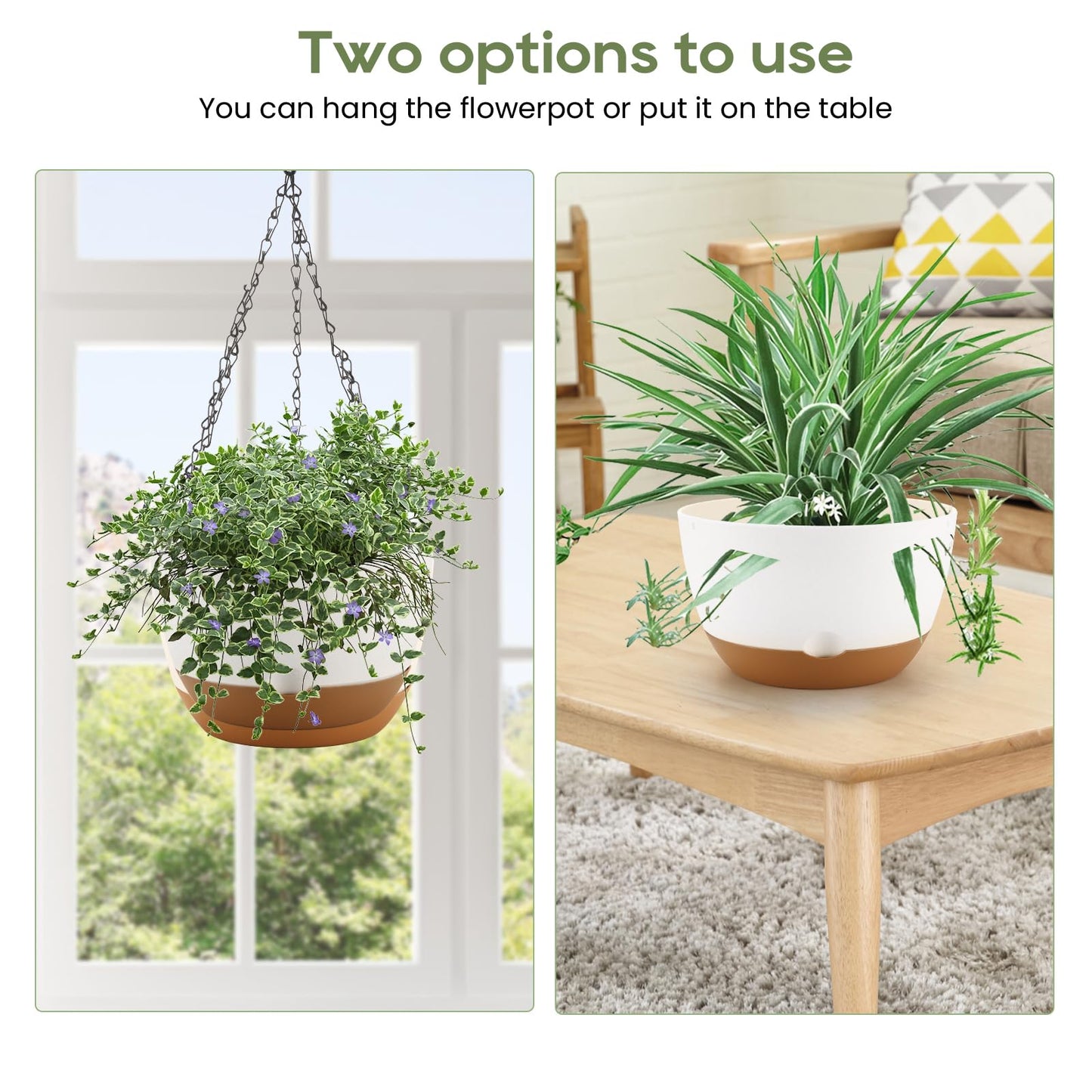 Dovesail 12/10/8 Inch Hanging Planter, Hanging Plastic Plant Self Watering Pot with Drainage Holes and Saucers, Hanging Baskets Flower Pots for Indoor Outdoor Garden Plants and Flowers,Set of 3-White