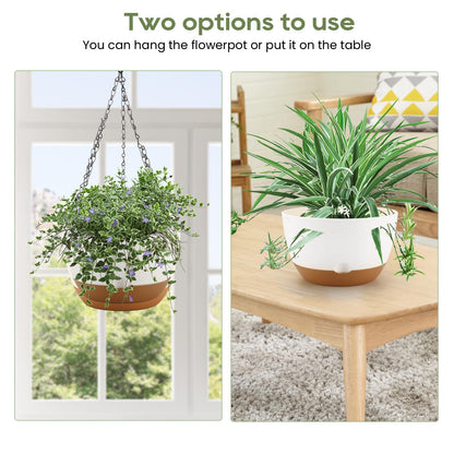 Dovesail 12/10/8 Inch Hanging Planter, Hanging Plastic Plant Self Watering Pot with Drainage Holes and Saucers, Hanging Baskets Flower Pots for Indoor Outdoor Garden Plants and Flowers,Set of 3-White