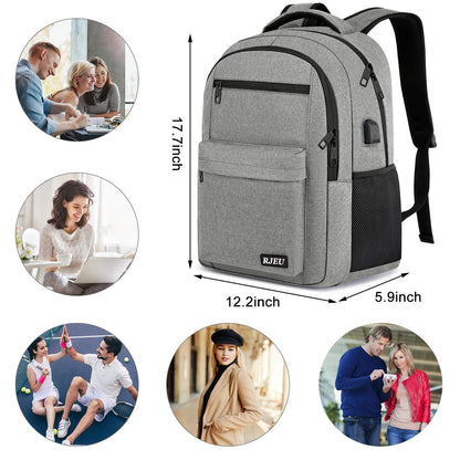 RJEU School Backpack for Teen Boys & Girls Students, 15.6 Inch Laptop Backpack with USB Charging Port - College Business Travel Bookbag, Grey