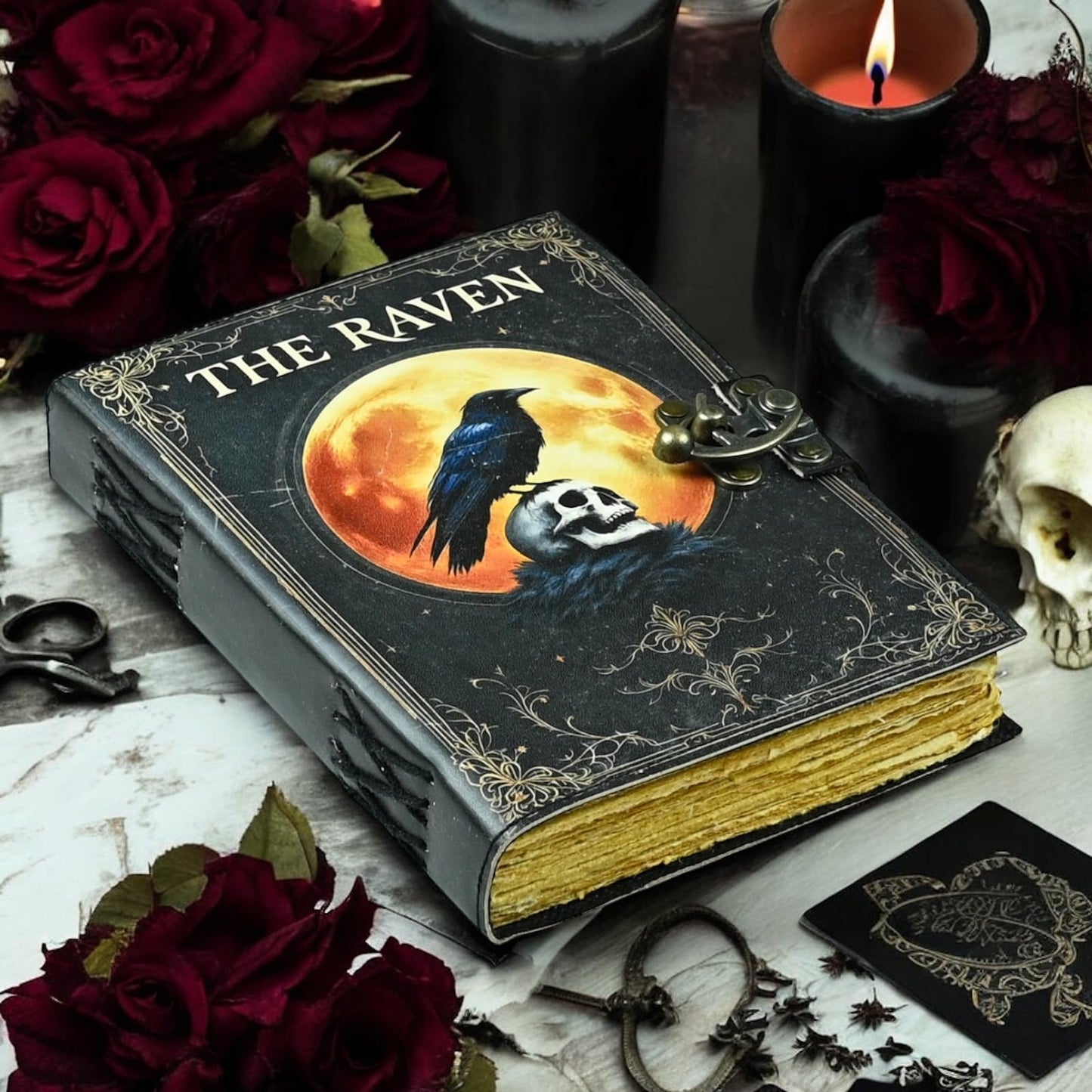 Leather Raven Journal Spooky Gifts For Women Raven Decor Grimoire Journal Witch Supplies Witchy Journal Witchcraft Supplies Gothic Journal Halloween Book Decor Gothic Notebook 10x7 Inch, 200 Page