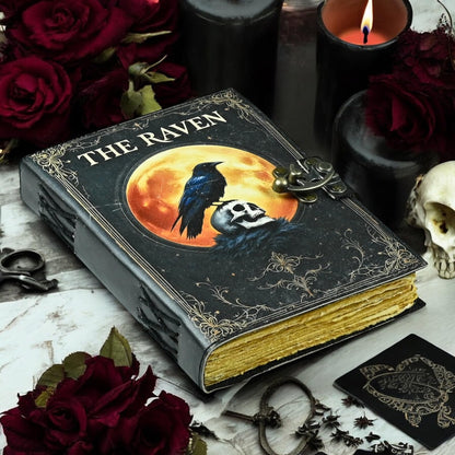 Leather Raven Journal Spooky Gifts For Women Raven Decor Grimoire Journal Witch Supplies Witchy Journal Witchcraft Supplies Gothic Journal Halloween Book Decor Gothic Notebook 10x7 Inch, 200 Page