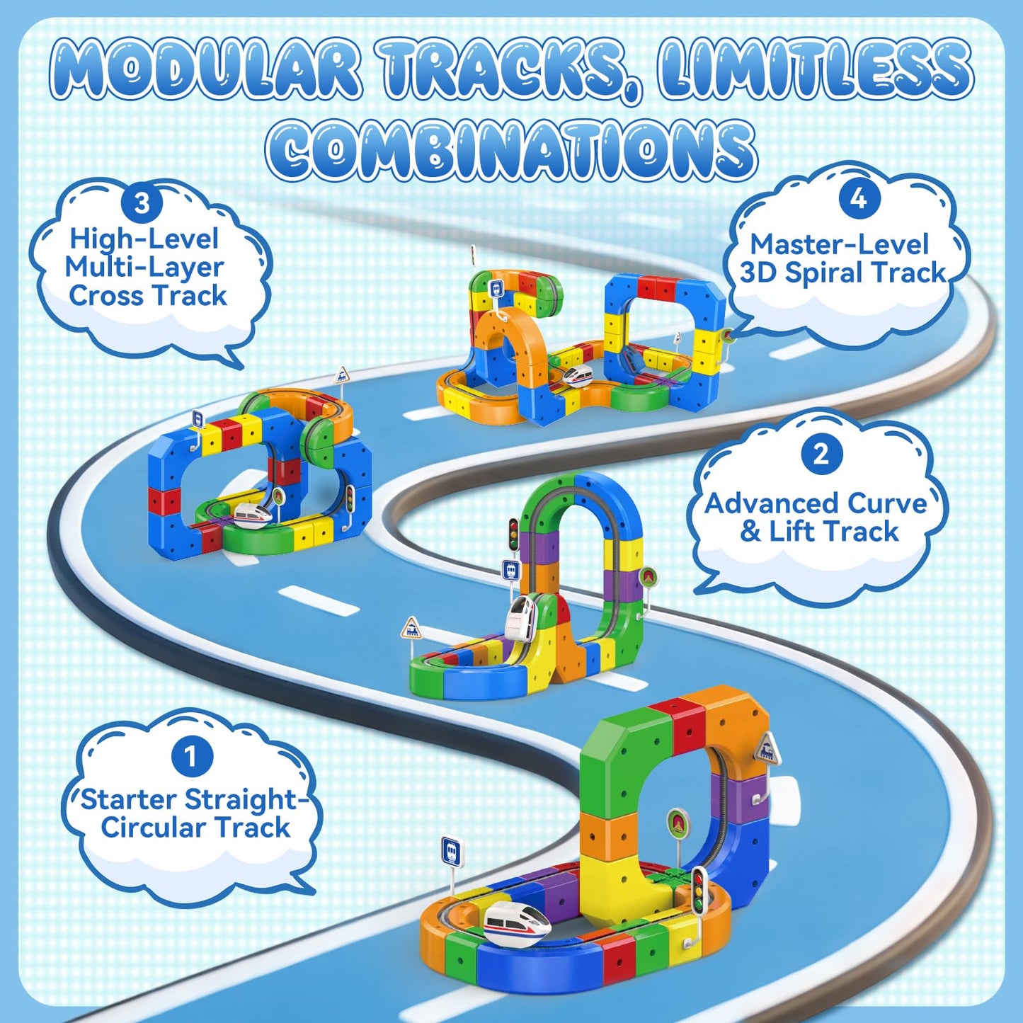 3D Anti-Gravity Electric Train Set for Kids Ages 4-8 - 92 PCS Flexible DIY Race Track Building Toy (60 Track Blocks, 2 Motorized Trains), STEM Educational Birthday Gift for Boys Girls